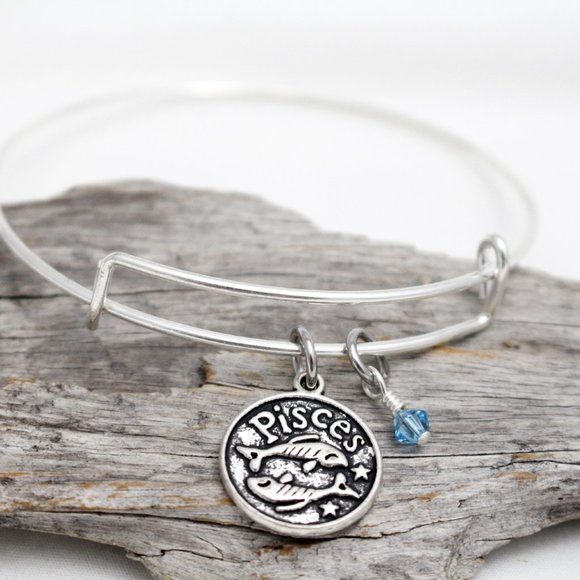 March Pisces Adjustable Charm Bangle - Handmade Zodiac Bracelet - Picture 4 of 11